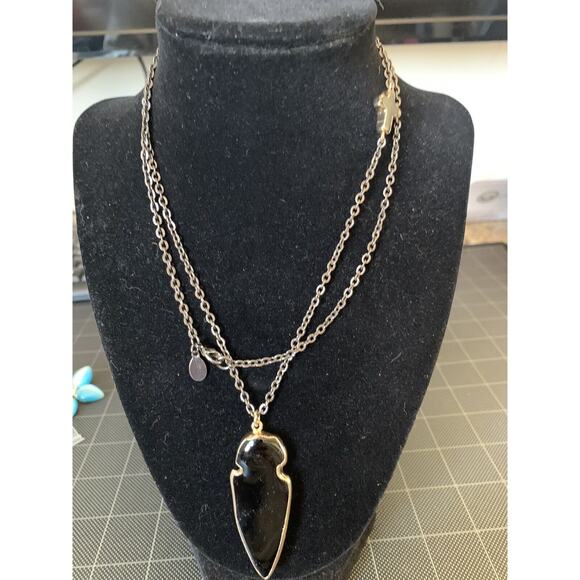 EXPRESS Gold Tone Cross Acrylic Arrowhead Gray Metal Chain Necklace 32”L - Picture 9 of 9